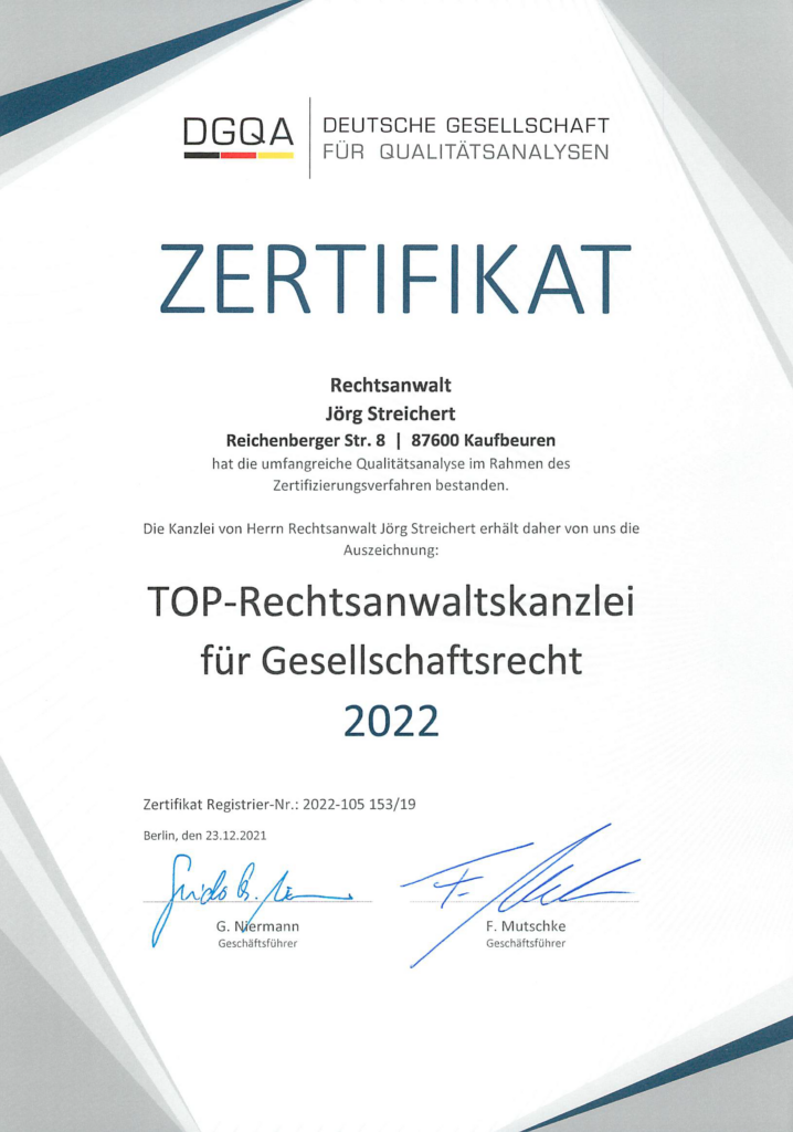 DGQA Zertifikat Top Rechtsanwaltskanzlei 2022