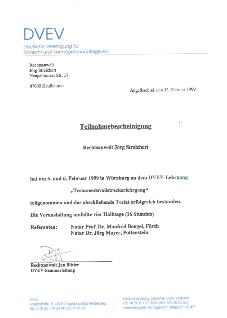 Testamentvollstrecker, Testamentvollstreckerzeugnis für Rechtsanwalt Jörg Streichert