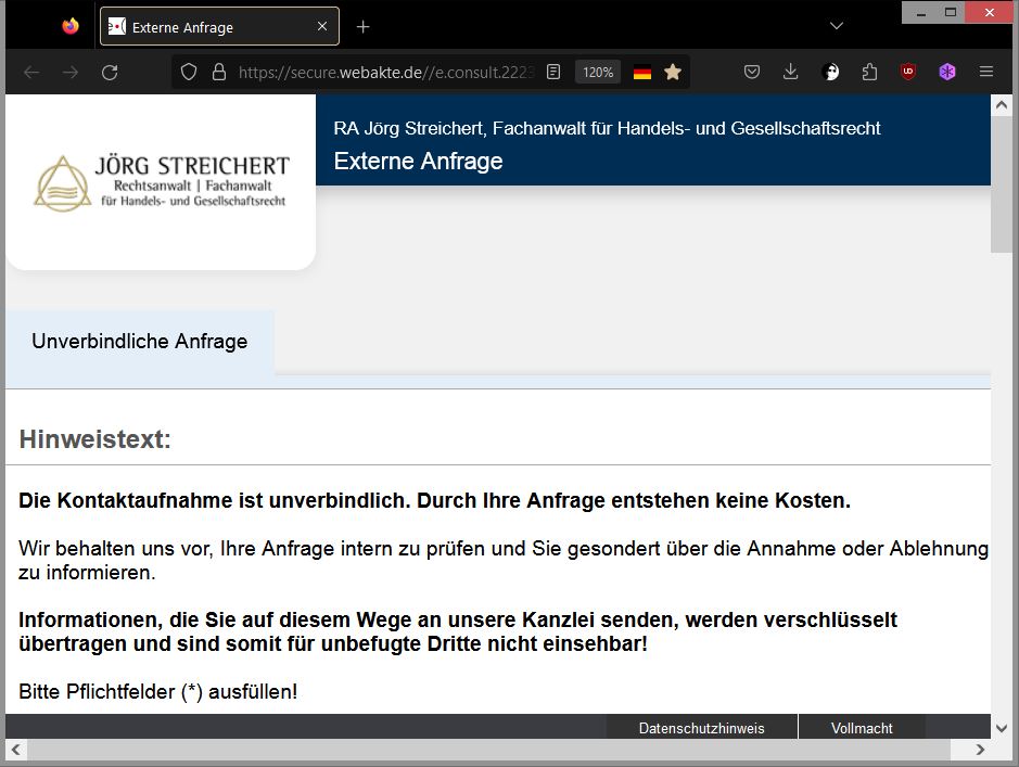 Webakte Vorschau Erstkontakt Formular Fallskizze Rechtsanwalt und Fachanwalt für Handels- und Gesellschaftsrecht Jörg Streichert